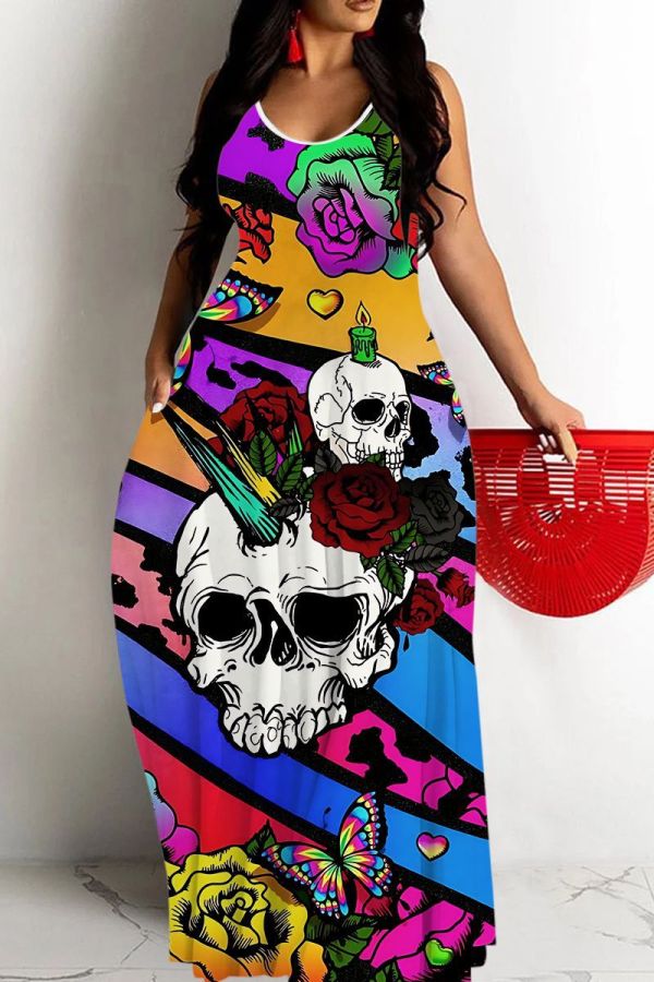 Sexy Graphics Print Backless Spaghetti Strap Long Floor Length Vacation Baggy Slip Maxi Dresses