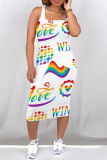 Casual Rainbow Color Graffiti Print U Neck Sleeveless Bodycon Midi Tank Dresses