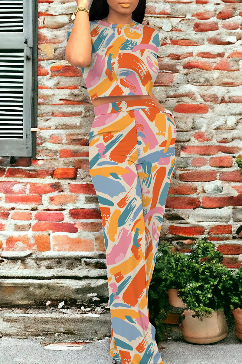 Abstract Graffiti Plant Print Shorts And Shirt Two-Piece Set