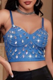 Sexy Sequins Hot Drill Decor Backless Spaghetti Strap Cami Crop Tops
