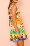 Casual Fruit Print Backless Spaghetti Strap Sleeveless Bow Tie Tiered Ruffle Hem Hollow Out Lace Up Vacation Party Cami Mini Dresses