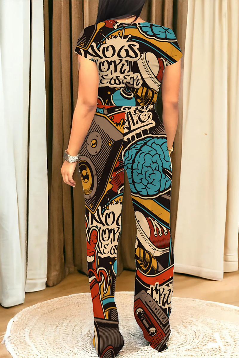 Abstract Graffiti Plant Print Shorts And Shirt Two-Piece Set main image 1