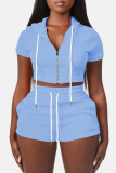 Casual Sportswear Zipper Short Sleeve Hooded Crop Tops And Shorts Two Pieces Shorts Sets