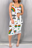Casual Rainbow Color Graffiti Print U Neck Sleeveless Bodycon Midi Tank Dresses