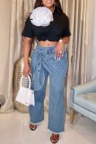 Casual Mid Waist Straight Raw Hem Wide Leg Denim Jeans