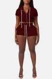 Casual Sportswear Zipper Short Sleeve Hooded Crop Tops And Shorts Two Pieces Shorts Sets