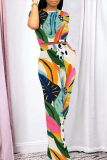 Casual Geometric Print O Neck Short Sleeve Crop T-shirt  And Straight Leg Pants Two Pieces Tourser Sets