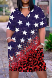 Casual Flag Star Print V Neck Short Sleeve Baggy T-shirt Midi Dresses