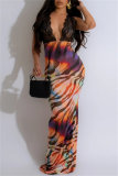Sleeveless Floor Length Sexy Print Lace V Neck Mermaid Hem Backless Patchwork Spaghetti Strap Long Cami Bodycon Maxi Dresses