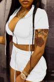 Casual Sportswear Zipper Short Sleeve Hooded Crop Tops And Shorts Two Pieces Shorts Sets