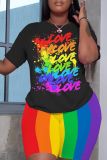 Casual Rainbow Color Print Basic O Neck Short Sleeve Oversize T-shirt And Shorts Two Pieces Shorts Sets