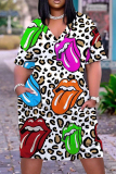Casual Lips Print Basic V Neck Short Sleeve Baggy T-shirt Midi Dresses