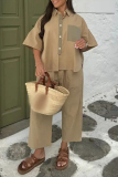 Casual Turndown Collar Short Sleeve Pocket Baggy Shirt Tops And Pants Two Pieces Trouser Sets