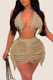 Rose Red Sexy Solid Tassel Bandage Hollowed Out Patchwork Swimwears