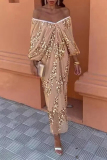 Sexy Sequins V Neck Puff Sleeves One Shoulder One Step Skirt Lace Formal Vacation Maxi Dresse
