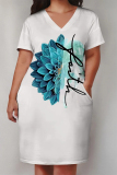 Casual Skull Letter Print V Neck Short Sleeve Pocket Plus Size T-shirt Midi Dresses
