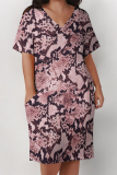Casual Animal Print Pocket V Neck Short Sleeve Pockets Plus Size Loose T Shirt Midi Dresses