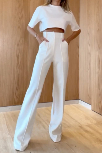 Casual Short Sleeve Crop Tops And Wide Leg Suit Pants Formal Office Lady Two Pieces Tourser Sets