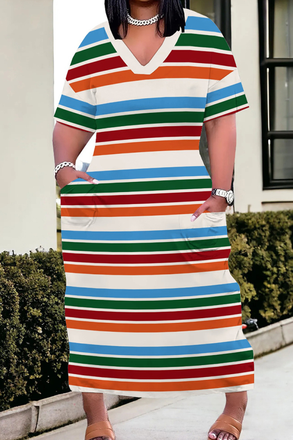 Casual Striped Print Pocket V Neck Short Sleeve Straight Plus Size T-shirt Midi Dresses