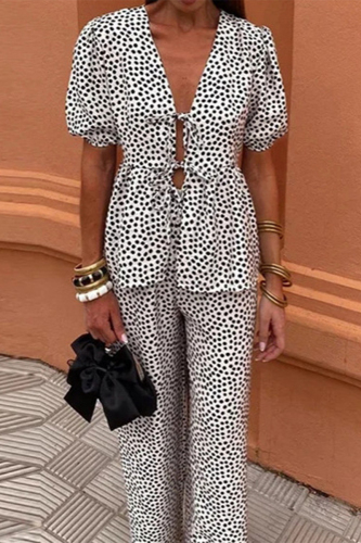 Casual Polka Dot V Neck Hubble-Bubble Sleeve Blouse And Wide Leg Pants Lace Up Vacation Two Pieces Trouser Sets