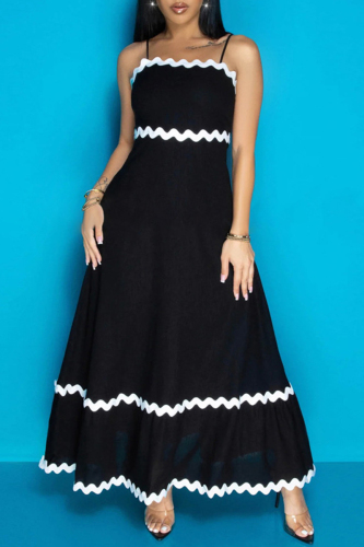 Casual Backless Spaghetti Strap Ripple Wave Trim Ruffle Hem Vacation A Line Maxi Dresses