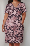 Casual Animal Print Pocket V Neck Short Sleeve Pockets Plus Size Loose T Shirt Midi Dresses