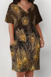 Casual Animal Print Pocket V Neck Short Sleeve Pockets Plus Size Loose T Shirt Midi Dresses