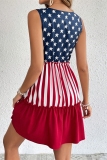 Casual Flag Star Print V Neck Sleeveless Tiered Ruffle Hem Vacation A Line Mini Dresses