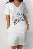 Casual Skull Letter Print V Neck Short Sleeve Pocket Plus Size T-shirt Midi Dresses