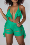 Sexy Fringed Trim Backless Sleeveless Lace Up Halter Beach Cami Sole and Shorts Set