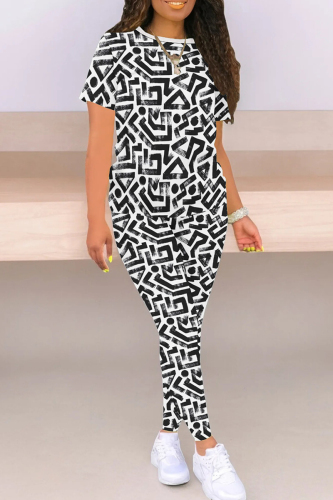 Casual Geometric Print O Neck Short Sleeve Oversize T Shirt And Skinny Pants Sport Two Piece Pant Set
