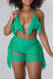 Sexy Fringed Trim Backless Sleeveless Lace Up Halter Beach Cami Sole and Shorts Set