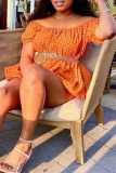 Casual Wave Print Off Shoulder Short Sleeve Pleated Hem Blouse And Shorts Two Pieces Shorts Sets