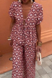 Casual Polka Dot V Neck Hubble-Bubble Sleeve Blouse And Wide Leg Pants Lace Up Vacation Two Pieces Trouser Sets