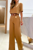 Casual Short Sleeve Crop Tops And Wide Leg Suit Pants Formal Office Lady Two Pieces Tourser Sets