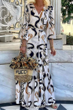 Casual Geometric Print U Neck Flare Sleeve Ruffle Hem Lace Up A Line Vacation Maxi Dresses