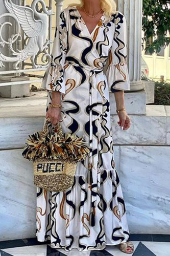 Casual Geometric Print U Neck Flare Sleeve Ruffle Hem Lace Up A Line Vacation Maxi Dresses