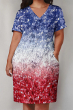 Casual Sequined Gradient Print V Neck Pocket Plus Size T-shirt Midi Dresses