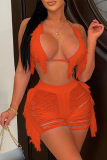 Sexy Fringed Trim Backless Sleeveless Lace Up Halter Beach Cami Sole and Shorts Set