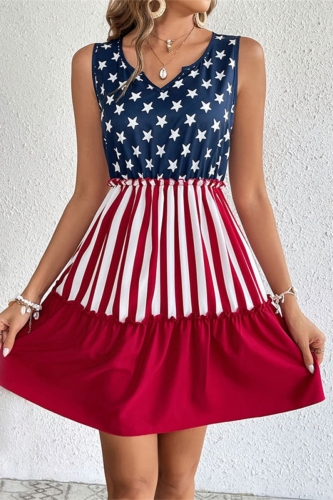 Casual Flag Star Print V Neck Sleeveless Tiered Ruffle Hem Vacation A Line Mini Dresses