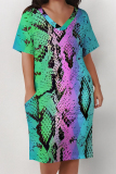 Casual Animal Print Pocket V Neck Short Sleeve Pockets Plus Size Loose T Shirt Midi Dresses