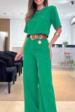 Casual Short Sleeve Crop Tops And Wide Leg Suit Pants Formal Office Lady Two Pieces Tourser Sets