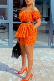 Casual Wave Print Off Shoulder Short Sleeve Pleated Hem Blouse And Shorts Two Pieces Shorts Sets