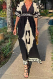 Casual Geometric Print Rhombus V Neck Short Sleeve Cinch Waist A Line Vacation Boho Maxi Dress