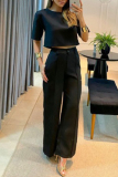 Casual Short Sleeve Crop Tops And Wide Leg Suit Pants Formal Office Lady Two Pieces Tourser Sets