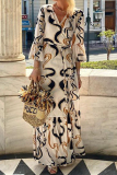 Casual Geometric Print U Neck Flare Sleeve Ruffle Hem Lace Up A Line Vacation Maxi Dresses