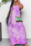 Casual Gradient Color V Neck Short Sleeve Pocket Straight Floor Length Vacation Baggy Maxi Dresses