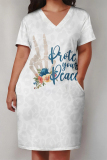 Casual Skull Letter Print V Neck Short Sleeve Pocket Plus Size T-shirt Midi Dresses