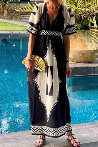 Casual Geometric Print Rhombus V Neck Short Sleeve Cinch Waist A Line Vacation Boho Maxi Dress