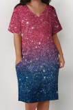 Casual Sequined Gradient Print V Neck Pocket Plus Size T-shirt Midi Dresses